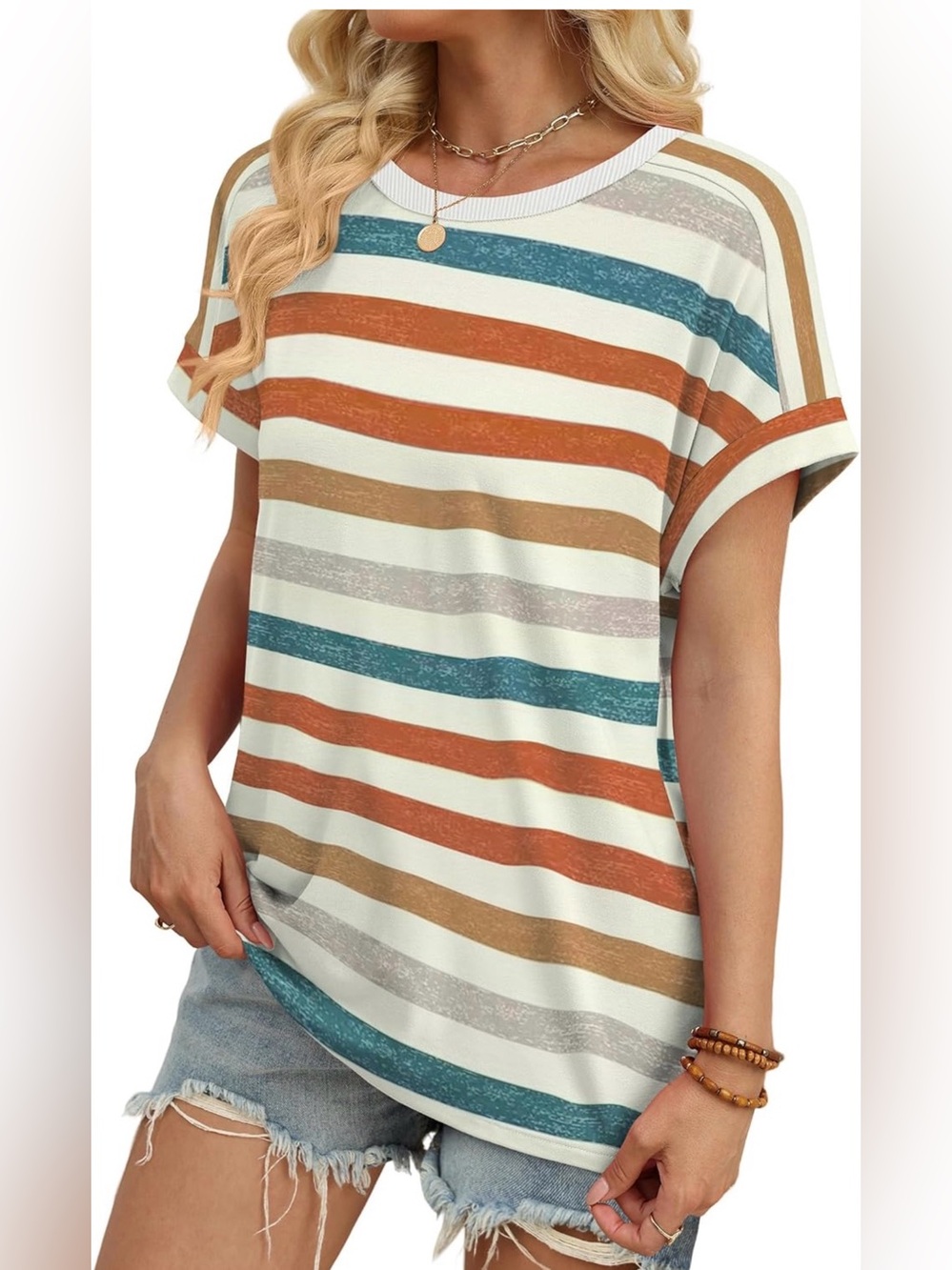 Casual Striped Short Sleeve Tee - Multicolor - Picture 3 of 5